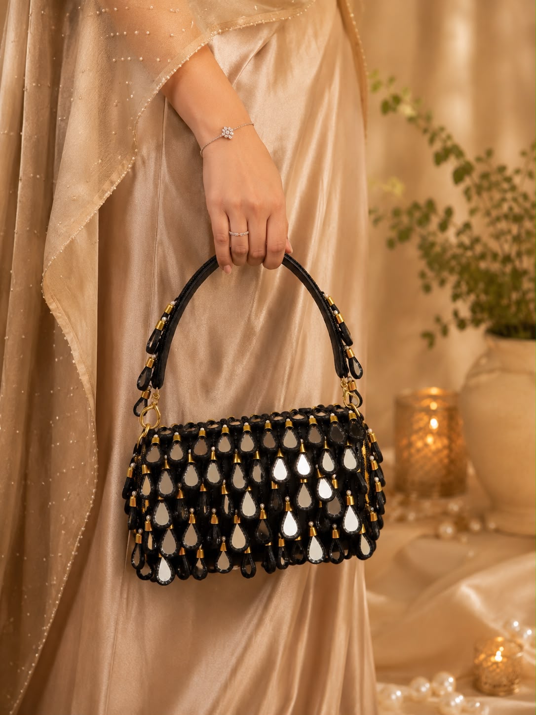 Black Beaded Mirror-Drop Fringe Clutch Bag — Bags — view 3 | Lehar Clothing UAE