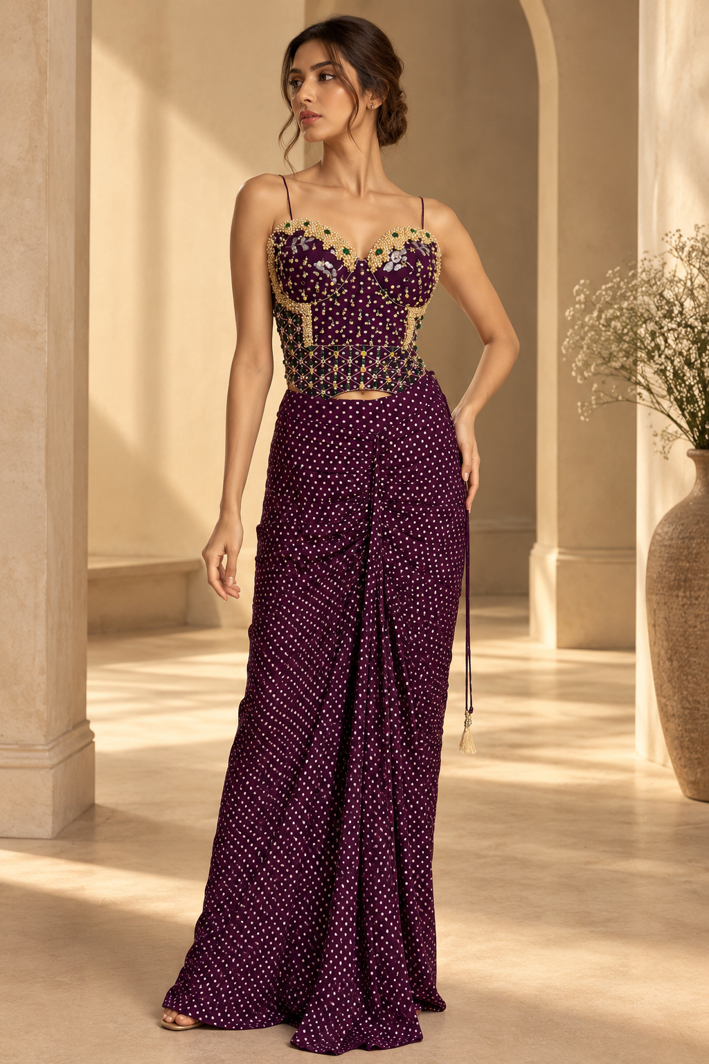 Women's Deep Plum Embellished Sweetheart Neck Bustier with Mirror & Bead Work and Pre-Draped Saree Set — Sarees | Lehar Clothing UAE