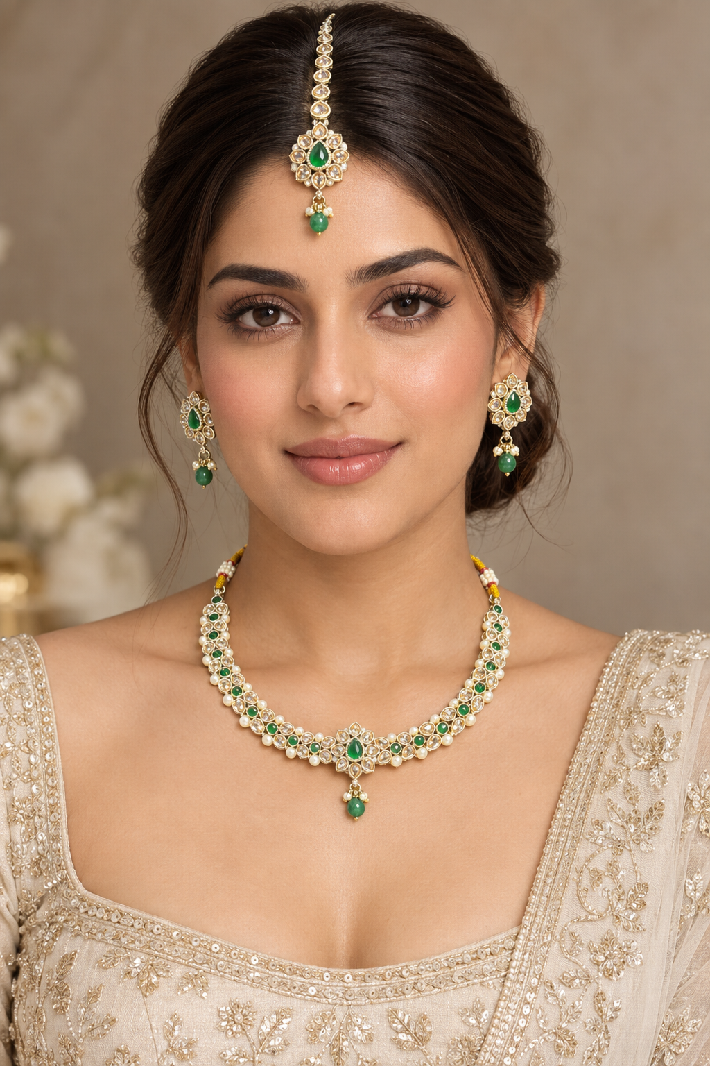 Emerald Green Kundan & Pearl Choker Set with Earrings & Maang Tikka – Indian Bridal Jewelry — Jewellery | Lehar Clothing UAE
