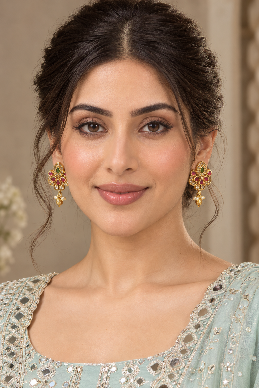 Ruby & Green Stone Floral Drop Earrings – Gold-Tone Indian Traditional Jewelry — Jewellery — view 2 | Lehar Clothing UAE