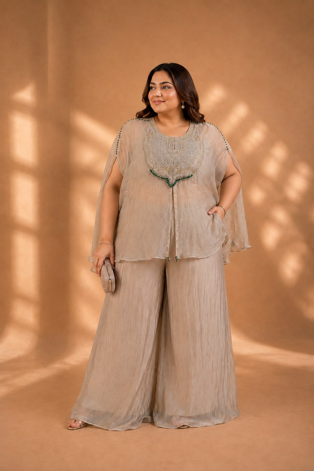 Champagne Beige Hand-Embellished Kaftan Top with Wide-Leg Palazzo Pants Set — Fusion wear | Lehar Clothing UAE
