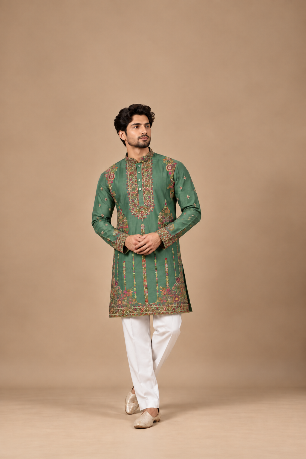 Men’s Sage Green Floral Embroidered Kurta Pajama Set — Kurta Sets | Lehar Clothing UAE
