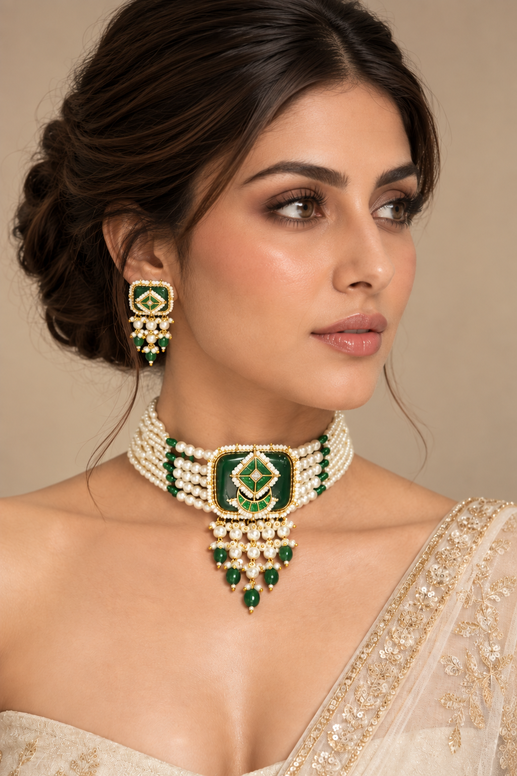 Pearl Bead Choker Set with Emerald Green Stone - Indian Bridal Jewelry — Jewellery | Lehar Clothing UAE