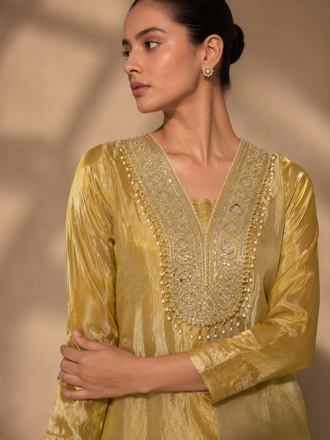 Mustard Embroidered Straight Kurta with Cigarette Pants Set — Kurta Sets - Plus Size — view 2 | Lehar Clothing UAE