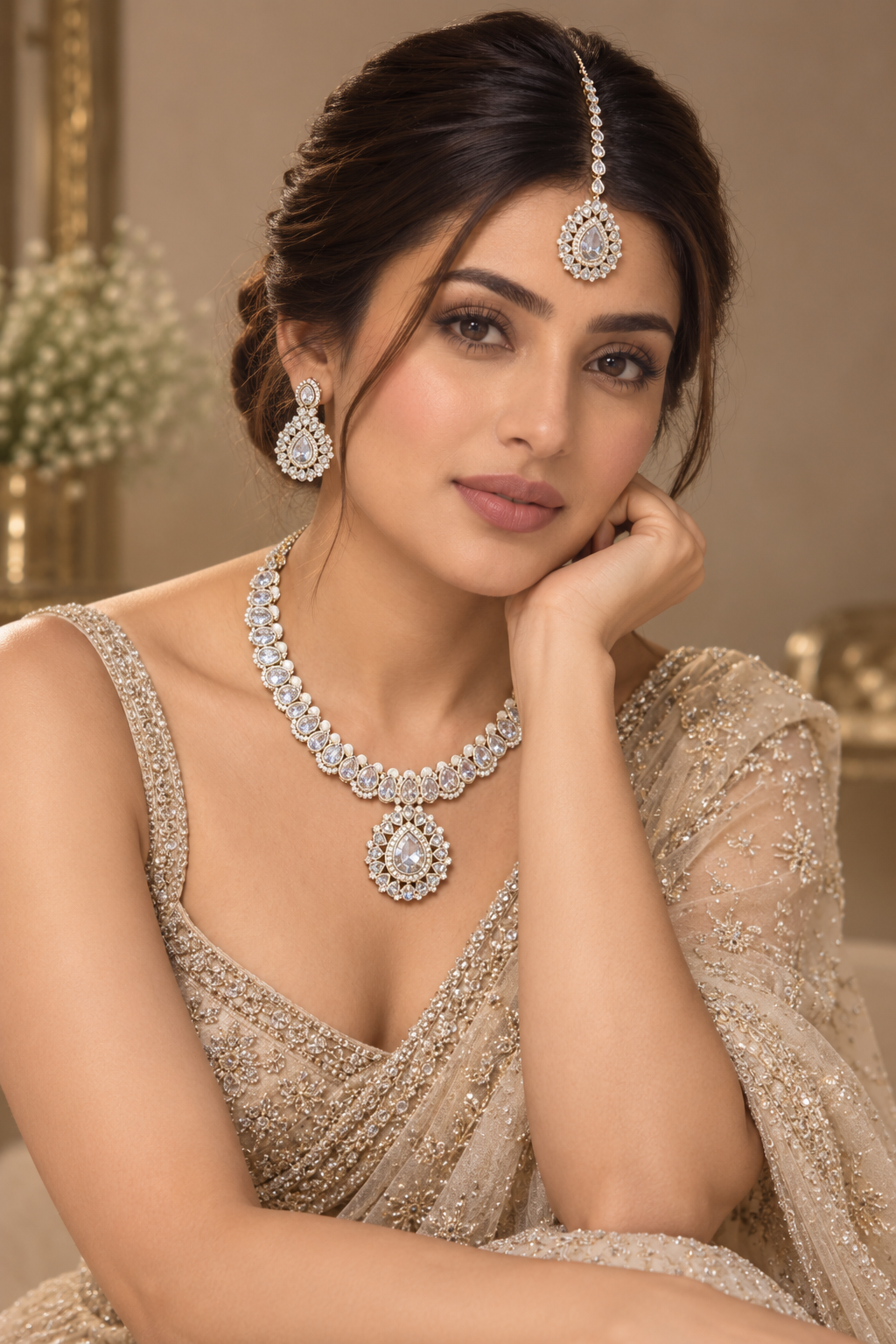 White Kundan & Pearl Choker Set with Teardrop Pendant, Earrings & Maang Tikka – Indian Bridal Jewelry — Jewellery | Lehar Clothing UAE