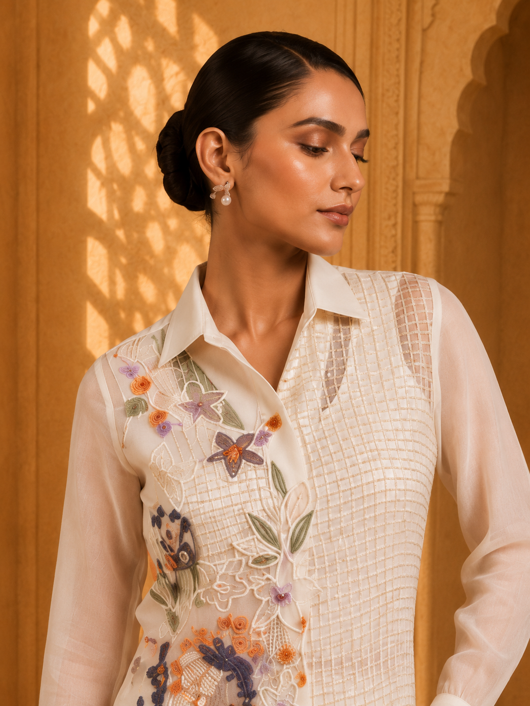 Lehar Ivory Floral Embroidered Overlay Co-Ord Set with Textured Inner Blouse & Palazzo Pants — Co-ord Set — view 2 | Lehar Clothing UAE