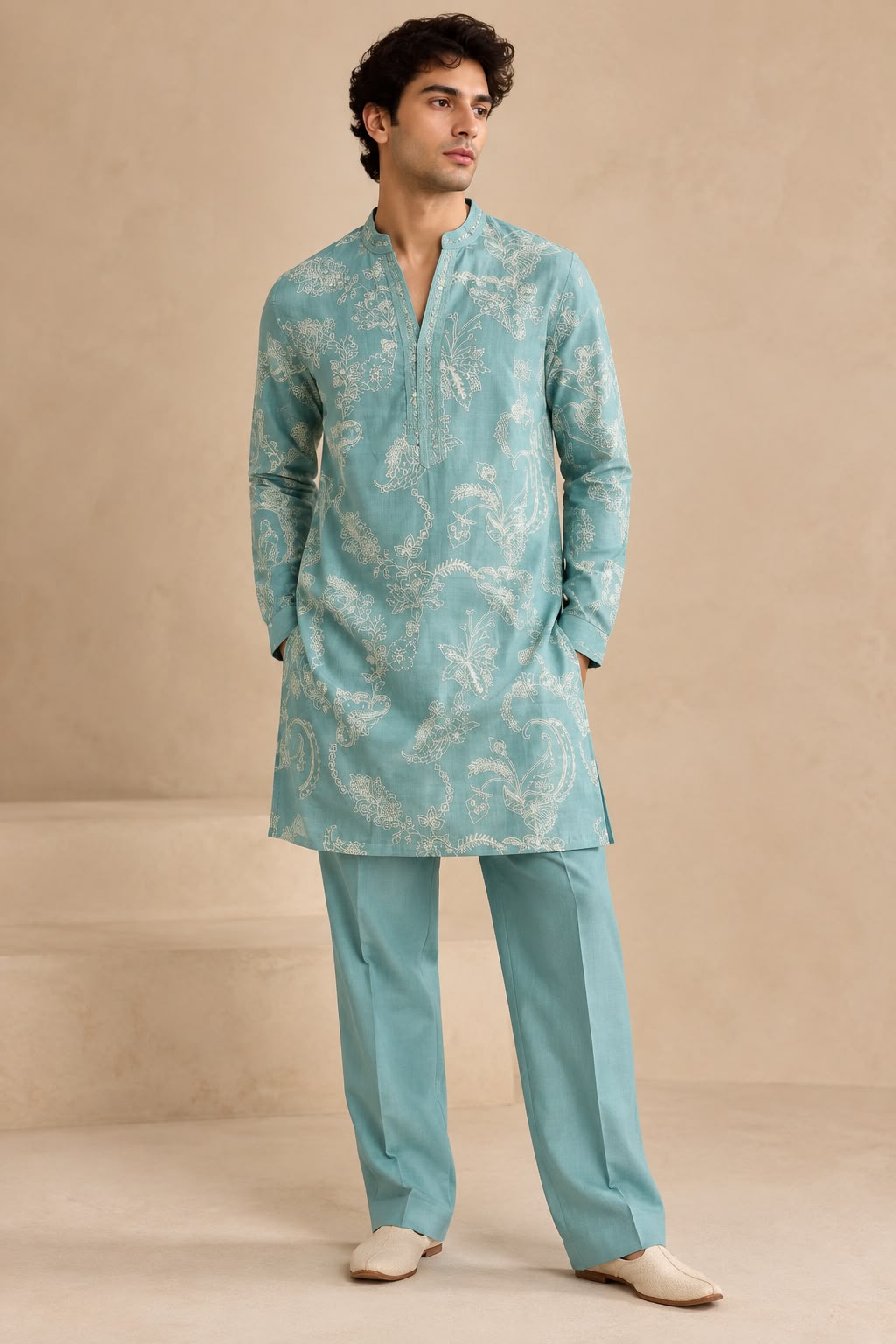 Men's Seafoam Blue Floral Embroidered Kurta Set with Matching Straight Pants — Kurta Sets | Lehar Clothing UAE