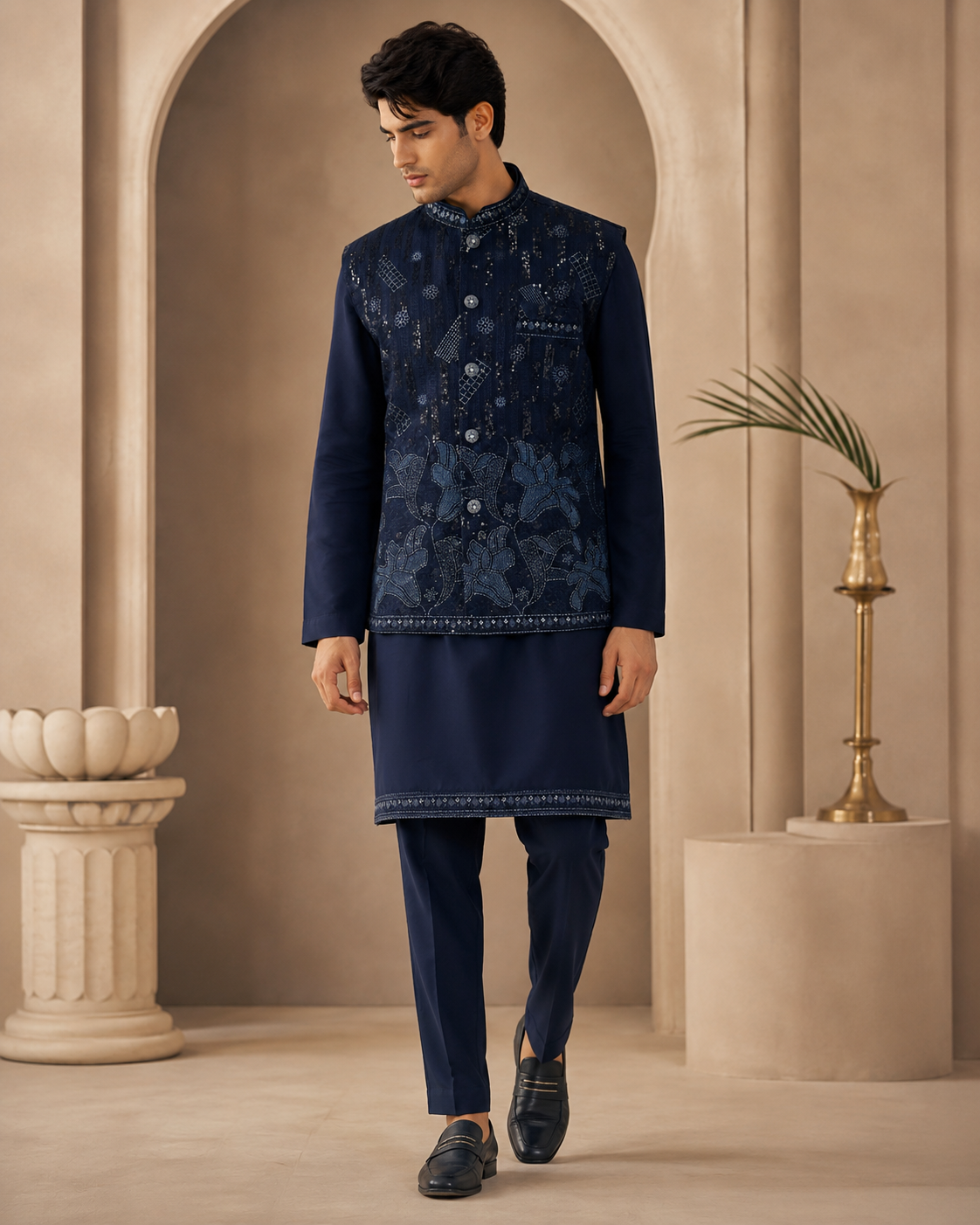 Men’s Navy Blue Embroidered Kurta Pajama with Nehru Jacket – 3 Piece Festive Ethnic Wear Set — Kurta Sets | Lehar Clothing UAE