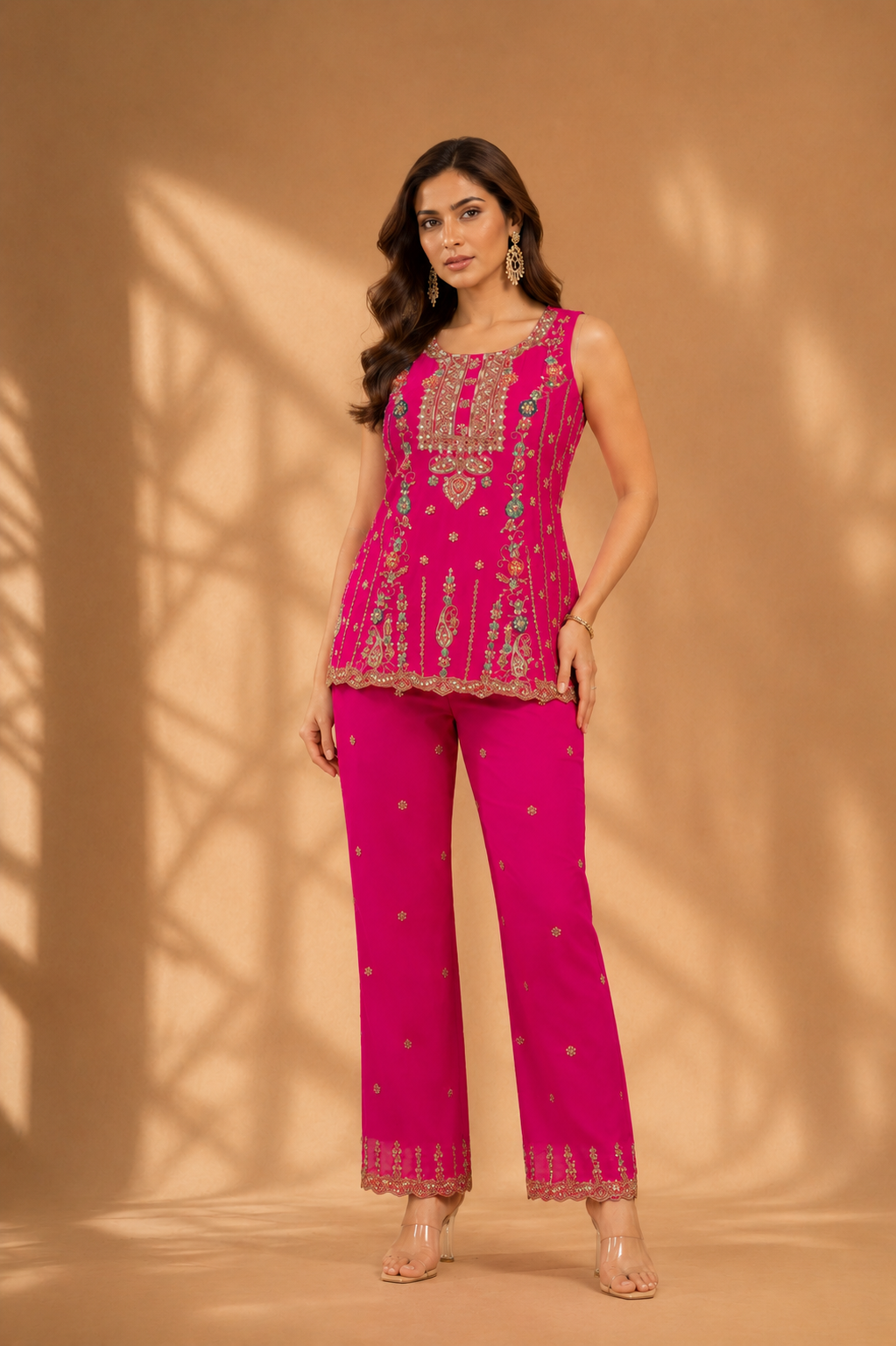 Women's Fuchsia Pink Embroidered 3 Piece Kurta Pant Set with Organza Dupatta — Sarees — view 2 | Lehar Clothing UAE