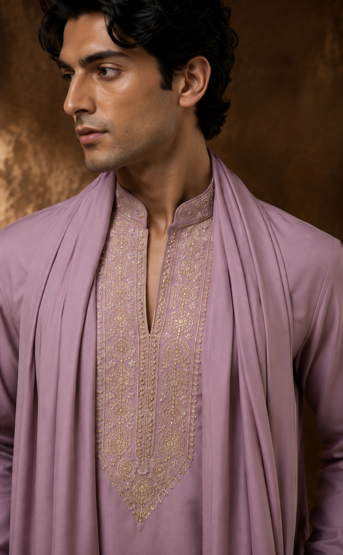 Men’s Pink Embroidered Kurta Set with Matching Stole & Trousers — Kurta Sets — view 2 | Lehar Clothing UAE