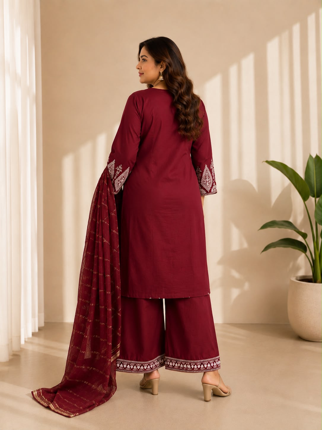 Burgandy Muslin Cotton Embroidered Kurta Set with Organza Dupatta — Kurta Sets — view 2 | Lehar Clothing UAE