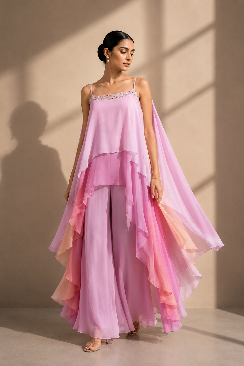 Pink Ombre Layered Chiffon Cape Top with Wide-Leg Palazzo Set — Palazzo Sets | Lehar Clothing UAE