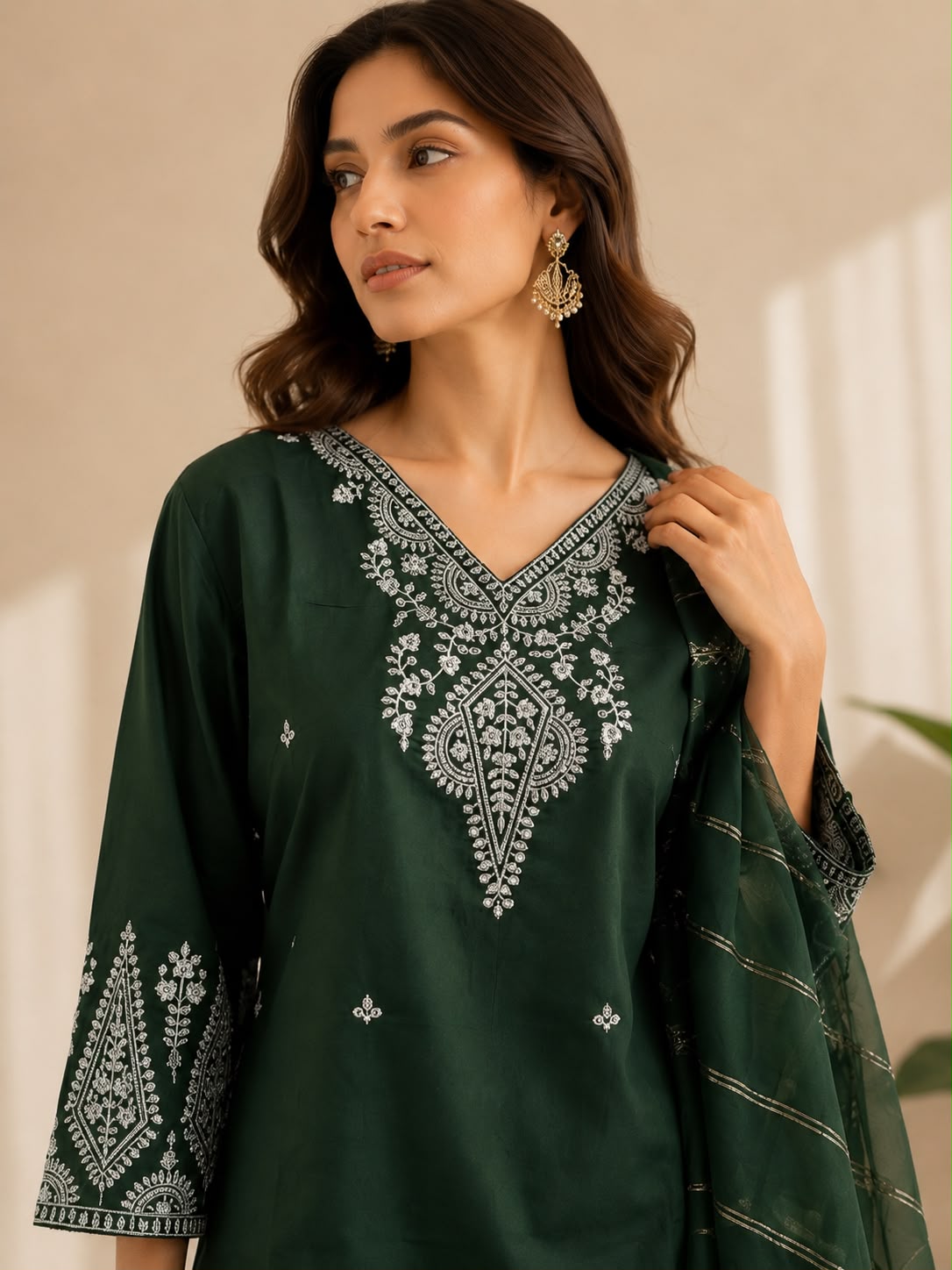 Green Muslin Cotton Embroidered Kurta Set with Organza Dupatta — Kurta Sets — view 4 | Lehar Clothing UAE