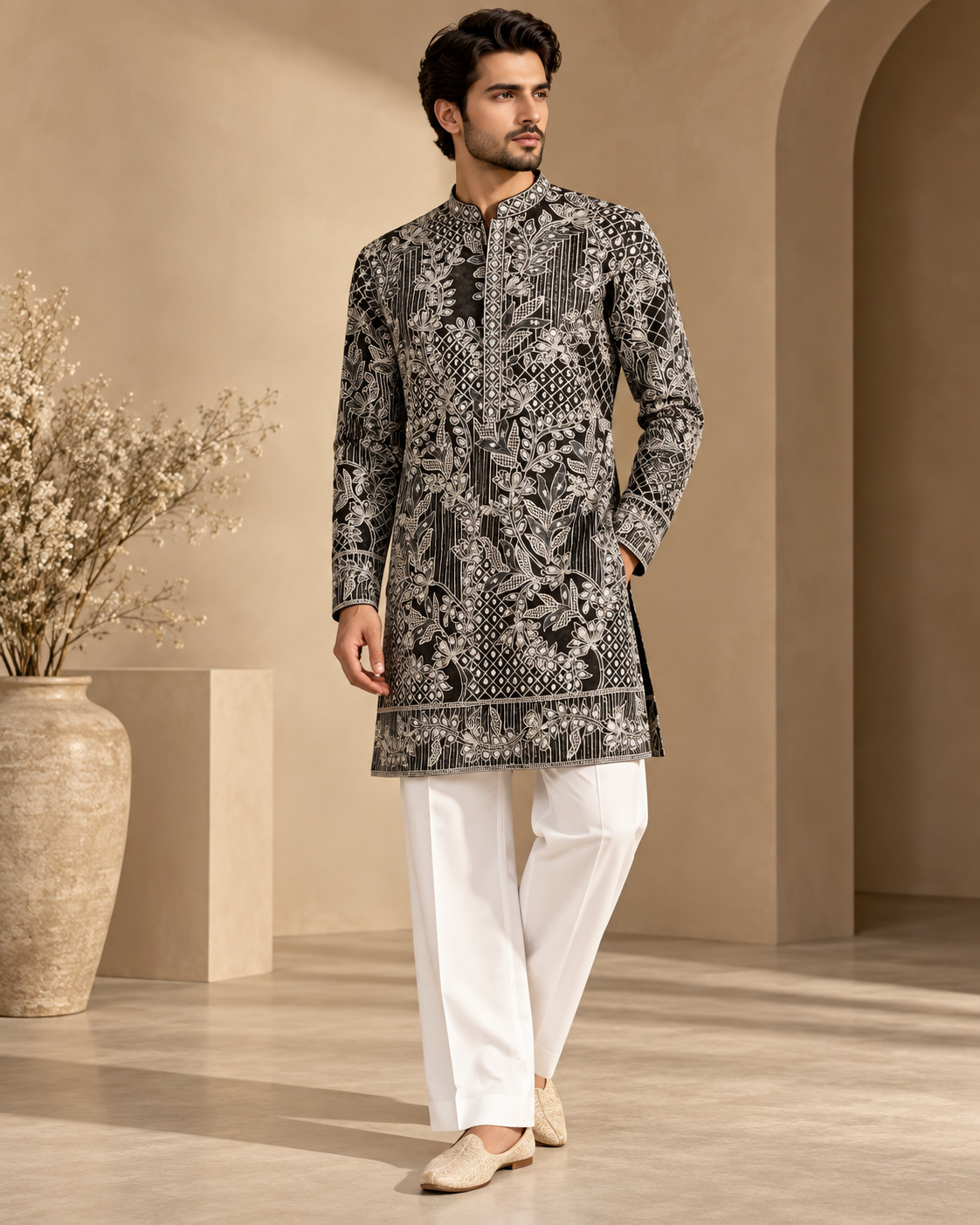 Men’s Black Embroidered Velvet Kurta with Soft Cotton Lining & White Trousers — Kurta Sets | Lehar Clothing UAE