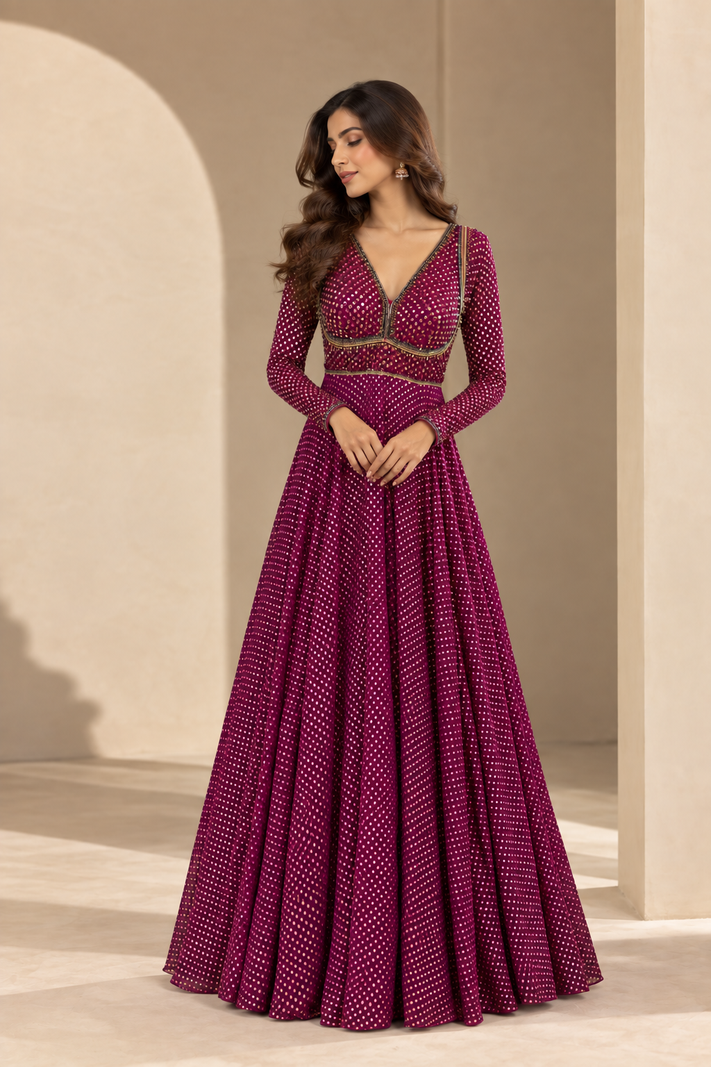 Women's Deep Magenta Embellished V-Neck Long Sleeve Flared Anarkali Gown with Mirror Work Detailing — Anarkali | Lehar Clothing UAE