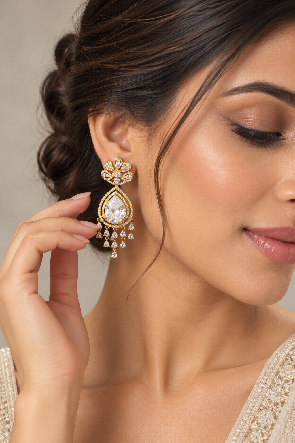 White Teardrop Chandelier Earrings - Gold Tone Bridal, Wedding & Evening Fashion Jewelry — Jewellery | Lehar Clothing UAE