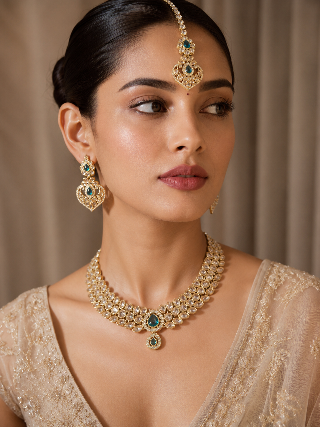 Teal Green Kundan Collar Necklace Set with Maang Tikka - Indian Bridal Jewelry — Jewellery — view 2 | Lehar Clothing UAE