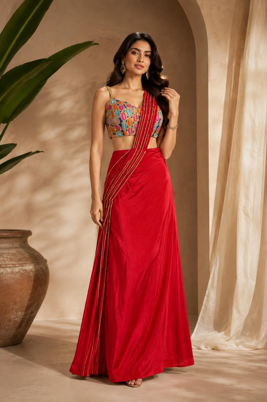 Women’s Red Draped Skirt Set with Multicolor Embellished Blouse — Sarees — view 2 | Lehar Clothing UAE