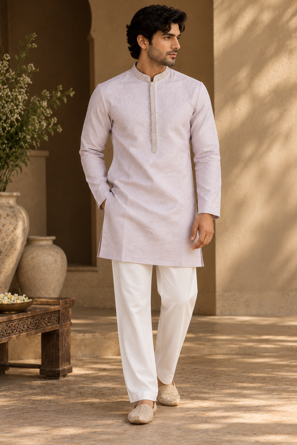 Men’s Pastel Lavender Textured Jacquard Kurta with Embellished Collar & White Straight Pants — Kurta Sets | Lehar Clothing UAE
