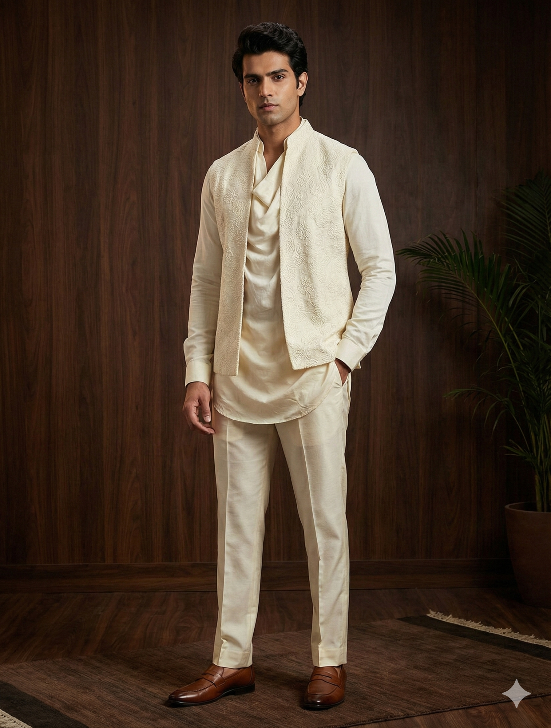 Men's 3-Piece Ethnic Suit: Cream Cowl Kurta, Nehru Jacket, and Tailored Trousers — Co-ord Set | Lehar Clothing UAE
