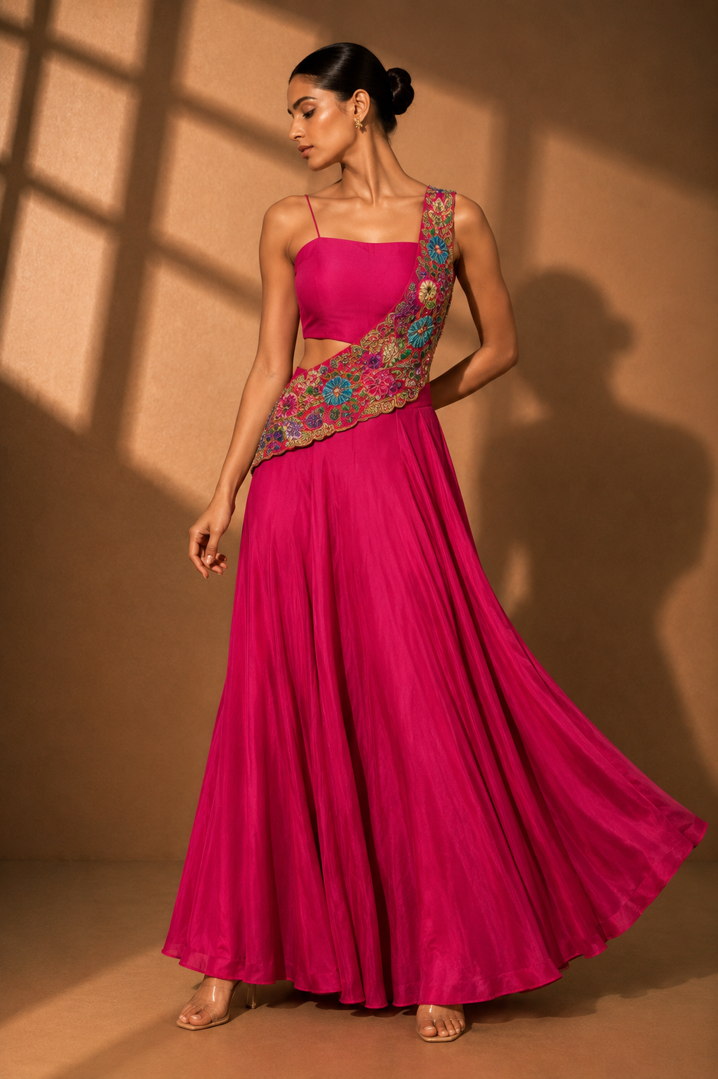 Fuchsia Pink Floral Embroidered One-Shoulder Lehenga Set — Lehenga — view 2 | Lehar Clothing UAE