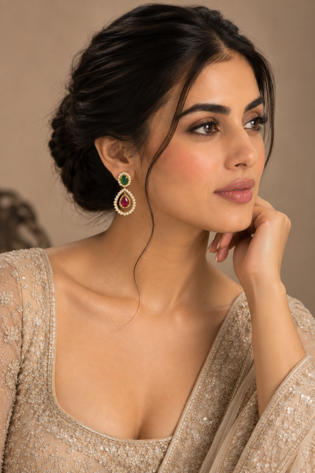 Indian Gold-Plated Stone Studded Teardrop Earrings – Emerald Green & Ruby Red Color Halo Drop Earrings, Wedding & Party Jewelry for Women — Jewellery — view 2 | Lehar Clothing UAE