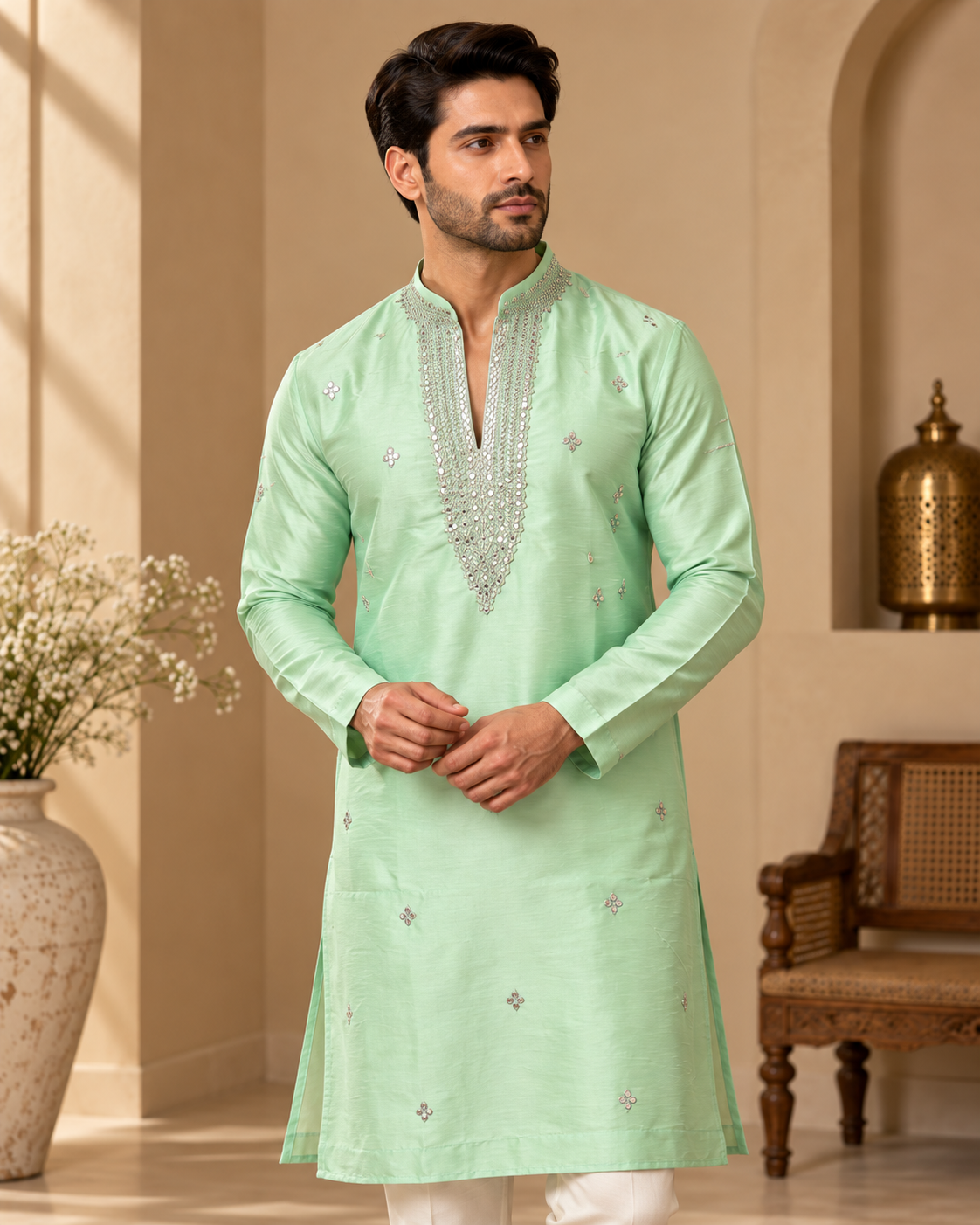 Mint Green Embroidered Silk Kurta with Ivory Straight Pants — Kurta Sets — view 2 | Lehar Clothing UAE