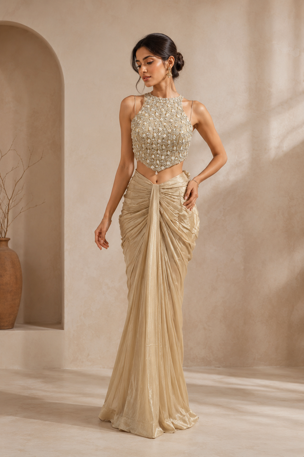 Women’s Champagne Gold Embellished Halter Crop Top with Draped Skirt Set — Kurta Sets | Lehar Clothing UAE