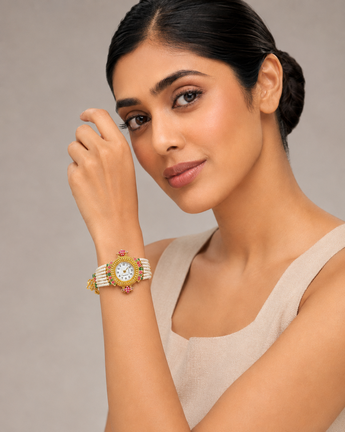Multi-Strand Pearl Bead Jewelry Watch for Women - Gold Tone Indian Bracelet Watch — Jewellery — view 4 | Lehar Clothing UAE