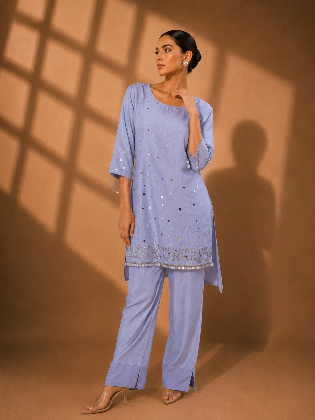 Lavender Bloom – Embellished Kurta & Trouser Set — Kurta Sets - Plus Size — view 2 | Lehar Clothing UAE