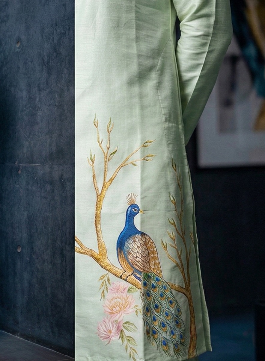Men’s pastel green embroidered silk blend kurta set – ivory with peacock floral motif — Kurta Sets — view 3 | Lehar Clothing UAE