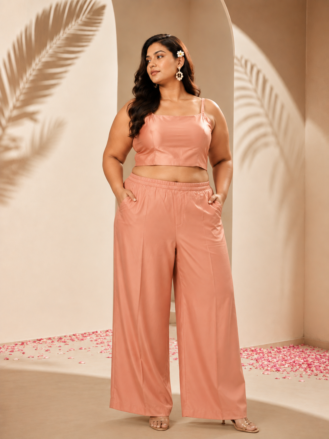 Peach Embellished Organza Peplum Co-Ord Set with Satin Wide-Leg Trousers — Co-ord Set — view 2 | Lehar Clothing UAE