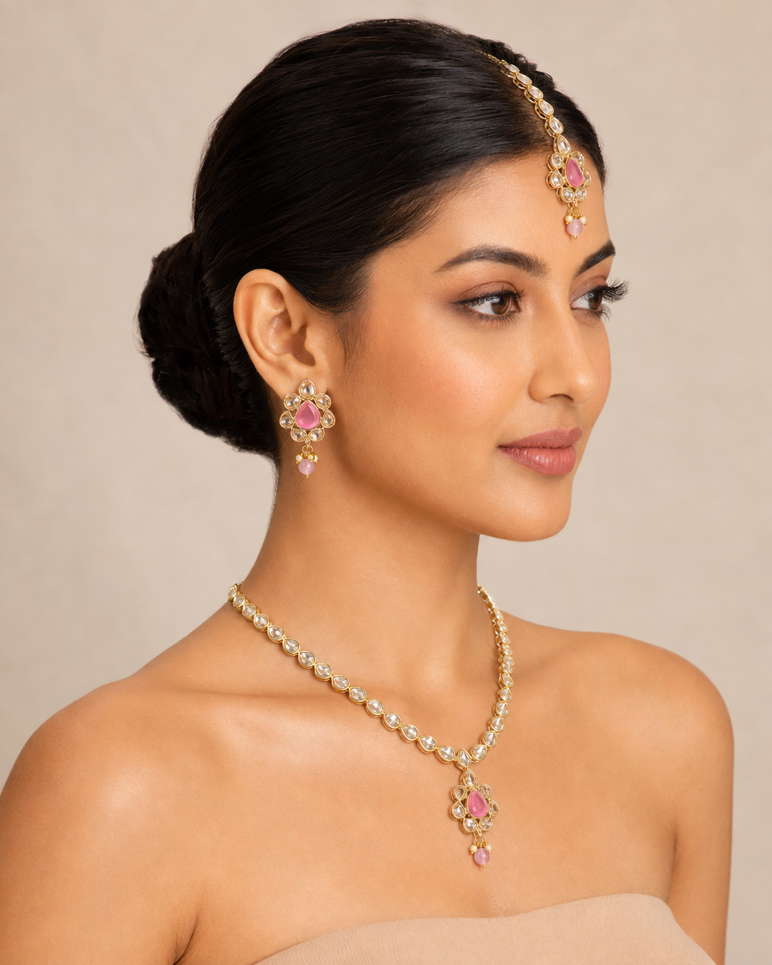 Pink Kundan Necklace Set with Maang Tikka - Gold Tone Indian Bridal — Jewellery — view 3 | Lehar Clothing UAE