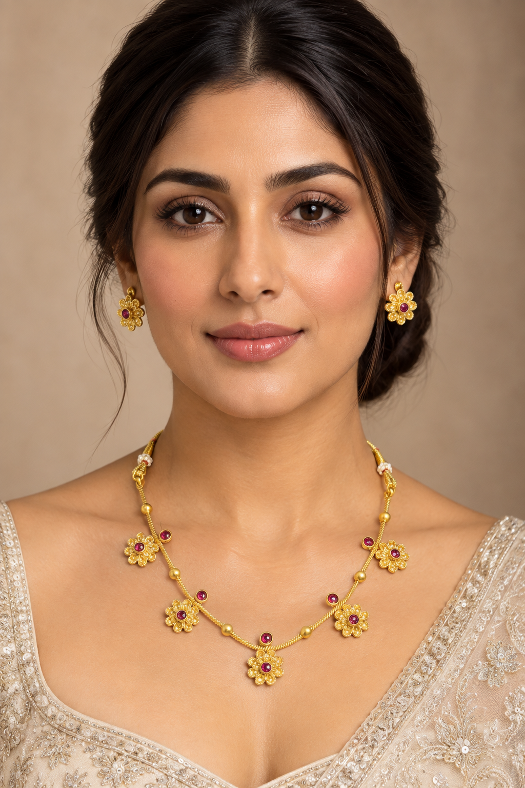Gold Flower Charm Necklace Set with Ruby Stones - Indian Minimal Jewelry — Jewellery | Lehar Clothing UAE