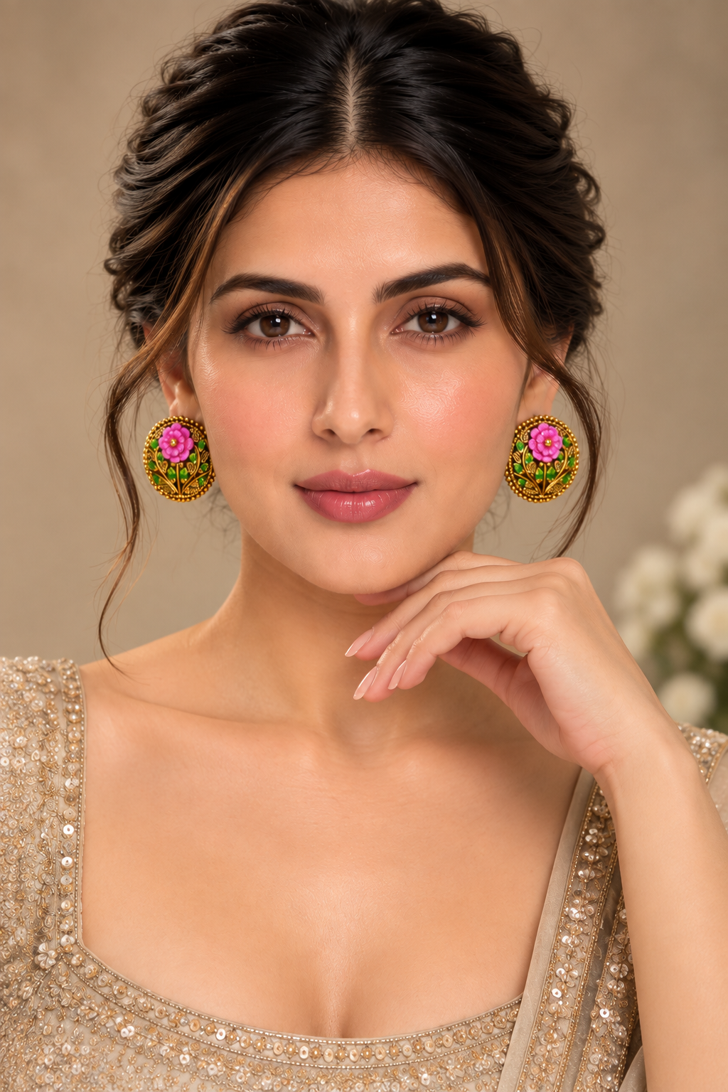Pink Flower Meenakari Round Studs – Antique Gold Indian Jewelry — Jewellery — view 2 | Lehar Clothing UAE