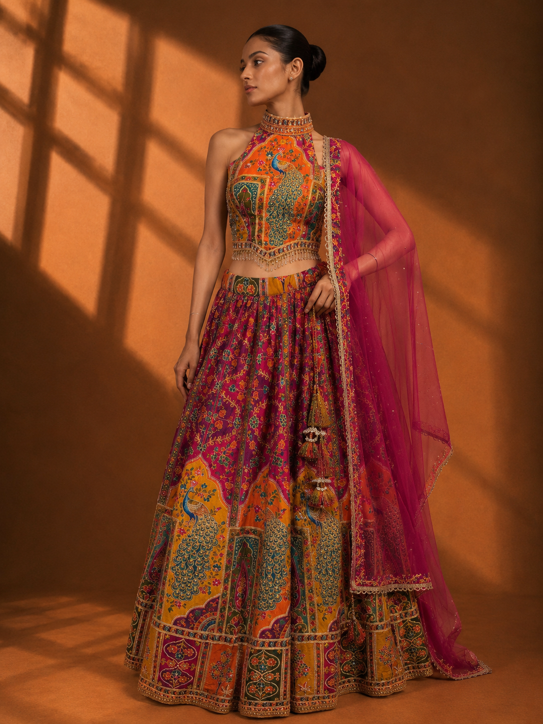 Women's Pink Peacock Print Lehenga Set with Embroidered Halter Blouse & Dupatta — Lehenga | Lehar Clothing UAE