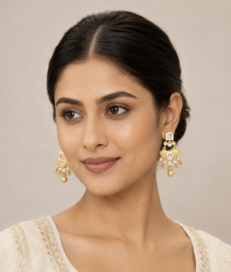 Imitation Gold-Tone Kundan Chandbali Earrings with Polki Stones & Beaded Drops — Jewellery — view 2 | Lehar Clothing UAE