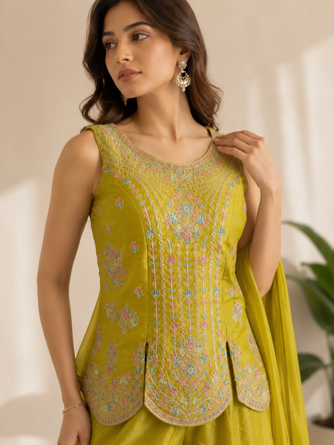 Yellow Sleeveless Floral Embroidered Short Top with Flared Sharara & Dupatta Set — Sharara Set — view 2 | Lehar Clothing UAE