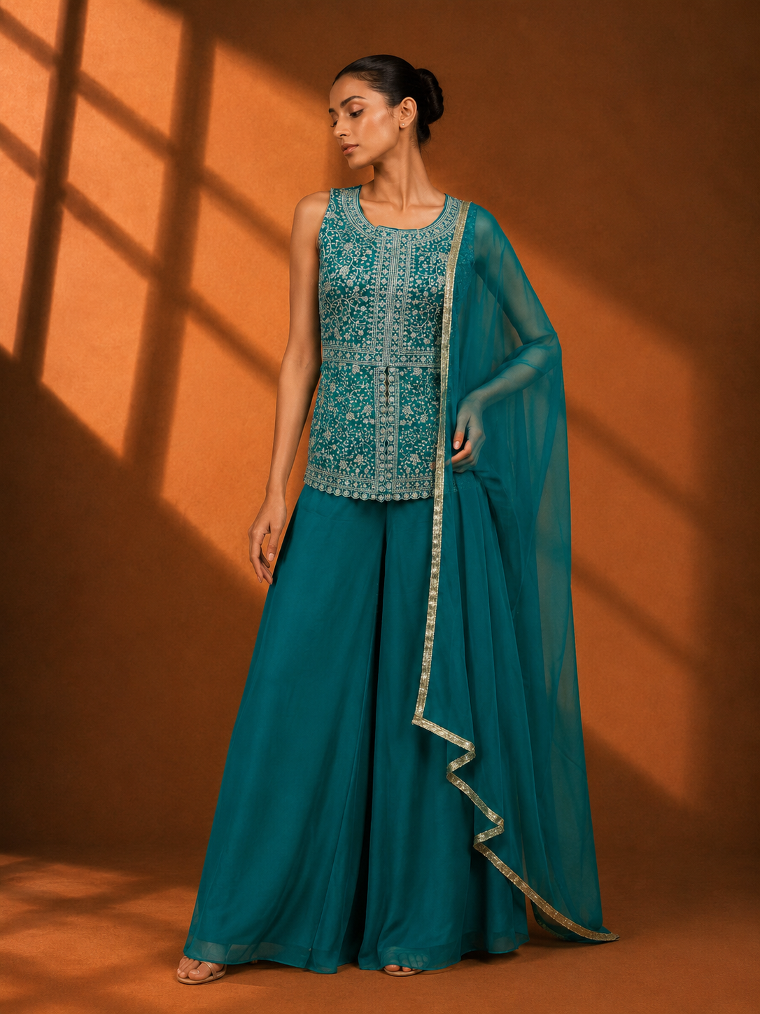 Green Sleeveless Scoop Neck Short Kurti and Plain Sharara Suit 3-Piece Set — Sharara Set | Lehar Clothing UAE