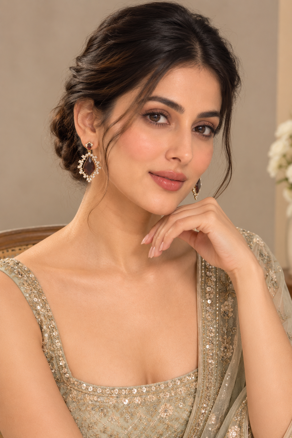 Indian Gold-Plated Stone Studded Statement Drop Earrings – Maroon Red Color Hexagon Stone with Sunburst Halo, Wedding & Party Jewelry for Women — Jewellery — view 3 | Lehar Clothing UAE