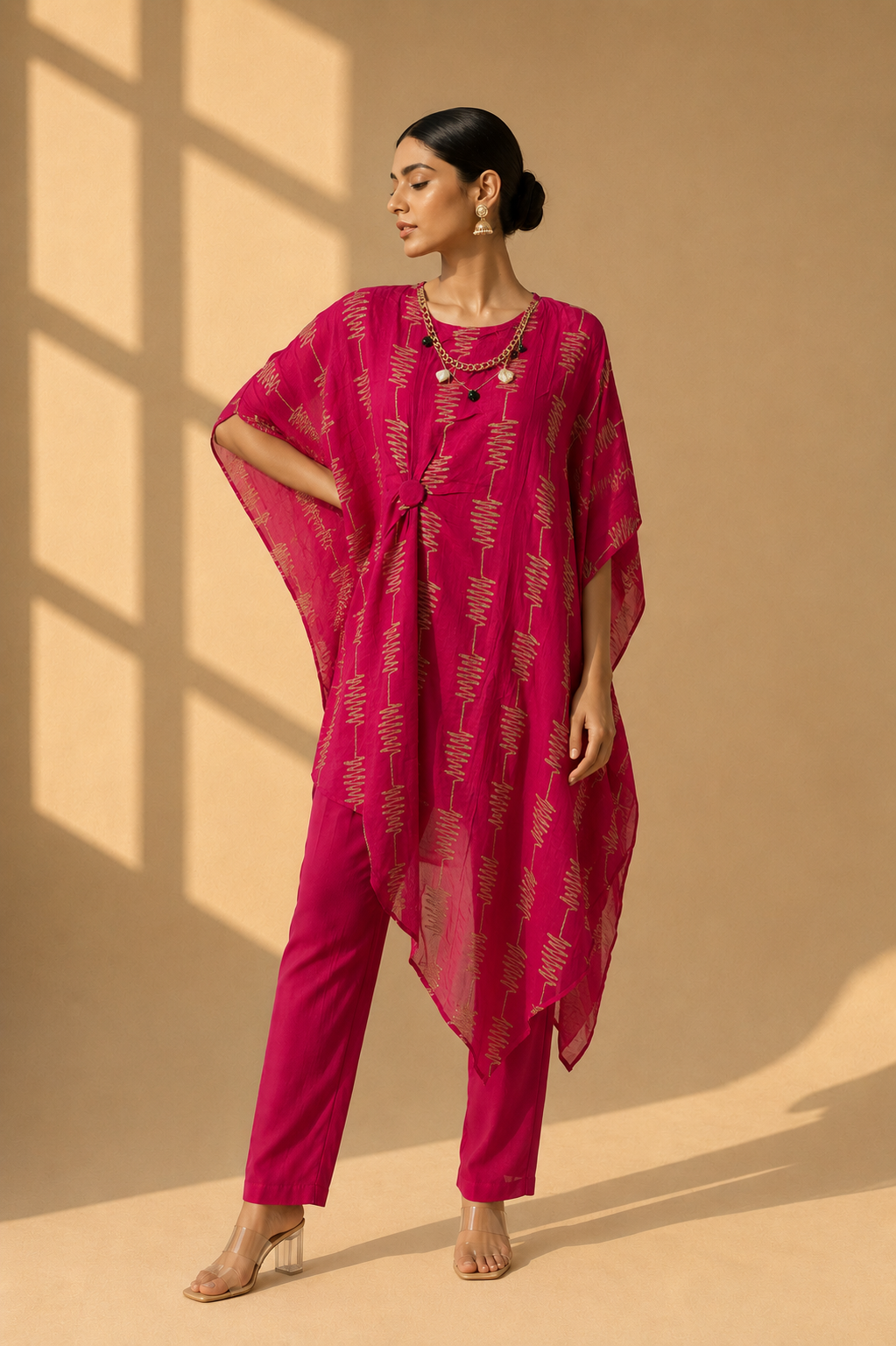 Fuchsia Draped Kaftan Three-Piece Set — Kurta Sets — view 2 | Lehar Clothing UAE