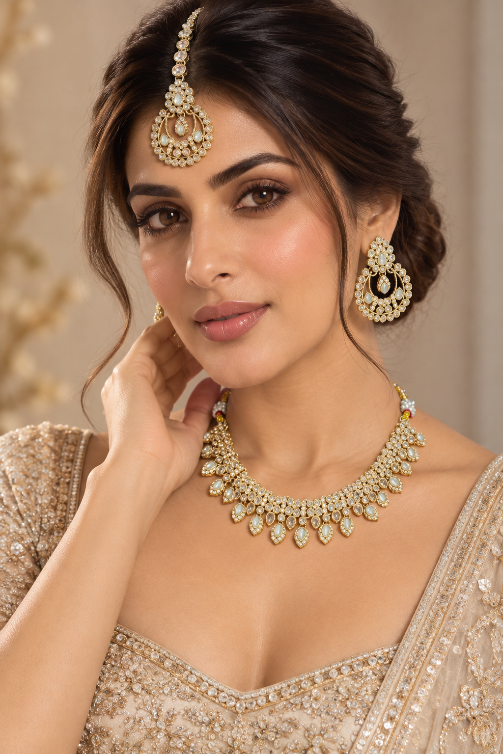 Gold Kundan Choker Set with Chandbali & Tikka - Indian Bridal Jewelry — Jewellery | Lehar Clothing UAE