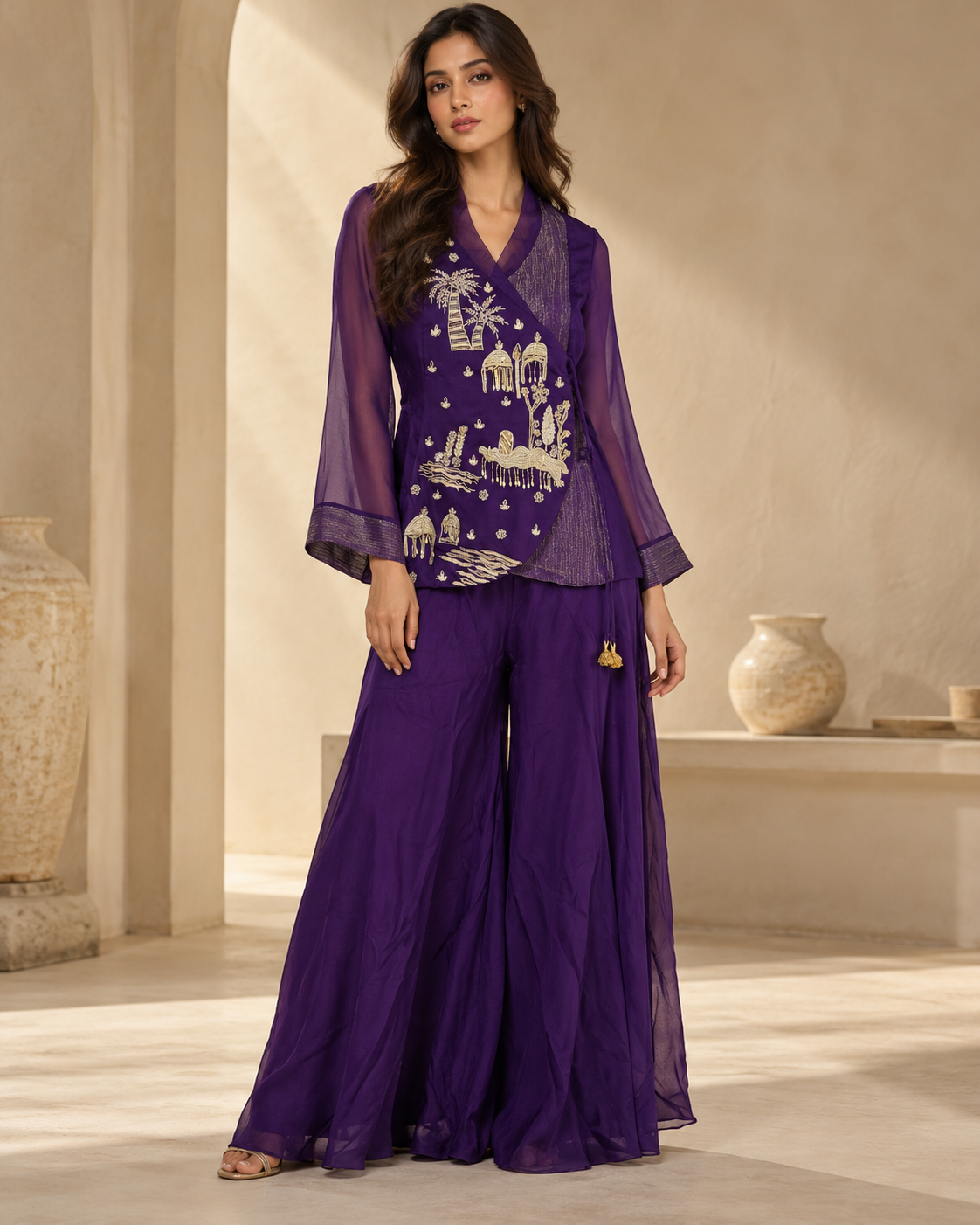 Women's Royal Purple Gold Embroidered Angrakha Top & Flared Sharara Palazzo Set — Palazzo Sets | Lehar Clothing UAE