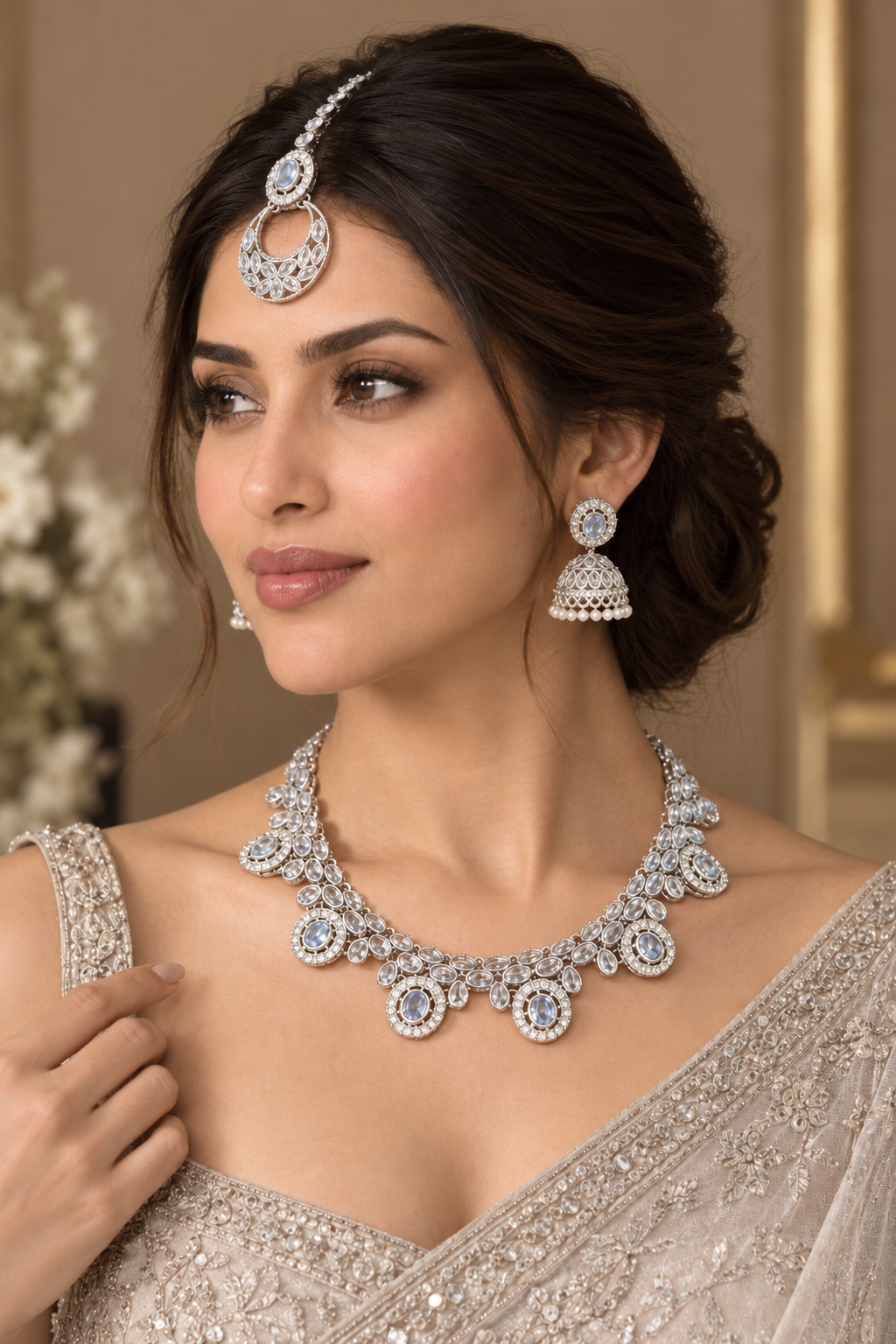 Silver-Tone Ice Blue Kundan Necklace Set with Jhumka Earrings & Maang Tikka - Indian Bridal Jewelry — Jewellery | Lehar Clothing UAE
