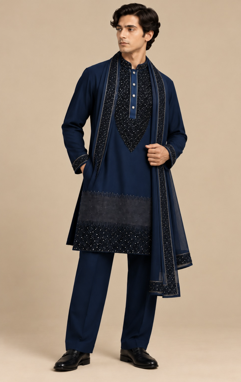 Men’s Navy Blue Embellished Kurta Pant Set with Sequin Detailing, Mandarin Collar & Matching Dupatta — Kurta Sets — view 2 | Lehar Clothing UAE