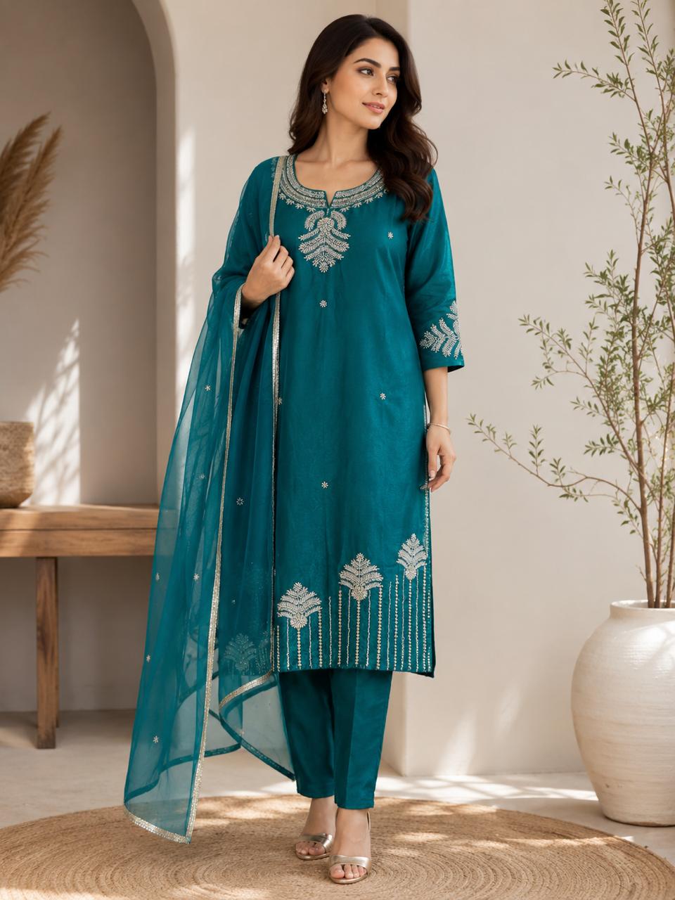 Emerald Green 3-Piece Salwar Suit with Silver Motif Embroidery — Kurta Sets | Lehar Clothing UAE
