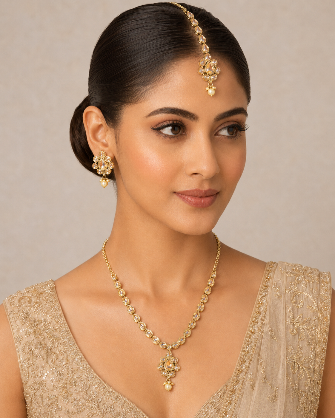 White Kundan Necklace Set with Maang Tikka - Gold Tone Indian Bridal Jewelry — Jewellery — view 3 | Lehar Clothing UAE