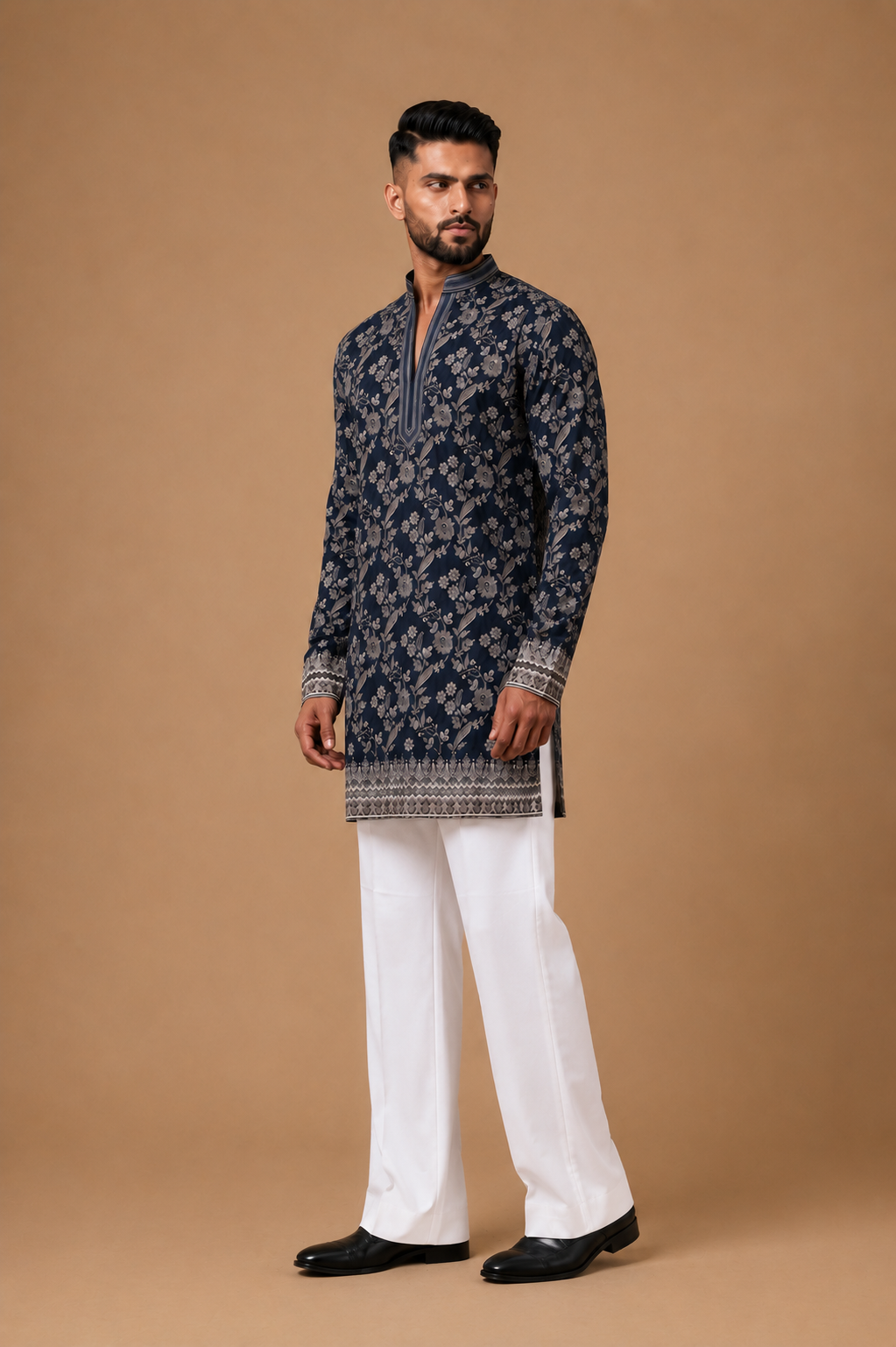 Midnight Blue Floral Embroidered Kurta Set with Relaxed Straight Pants — Kurta Sets — view 2 | Lehar Clothing UAE