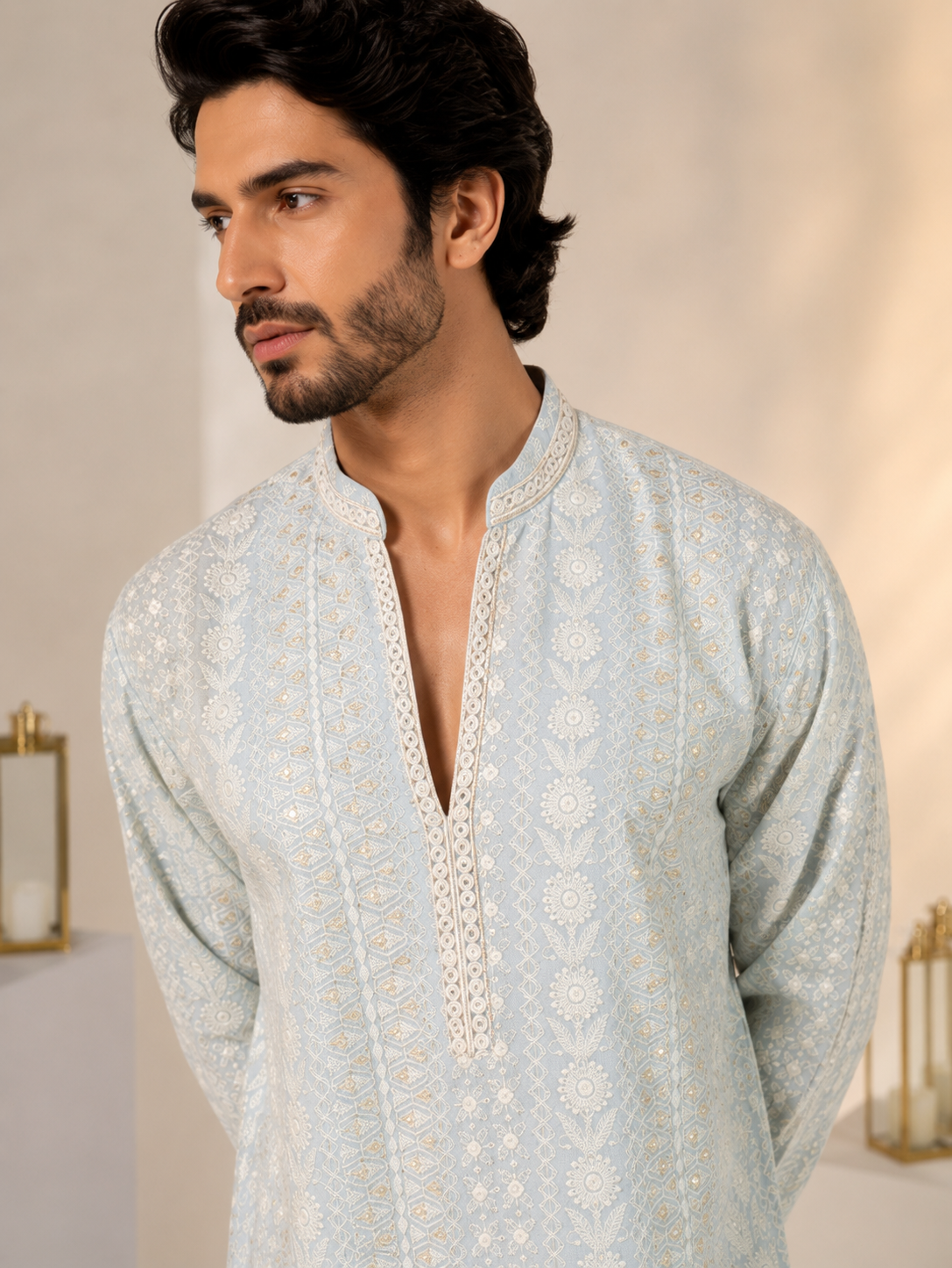 Men’s Light Blue Chikankari Embroidered Kurta & White Trouser Set — Kurta Sets — view 2 | Lehar Clothing UAE
