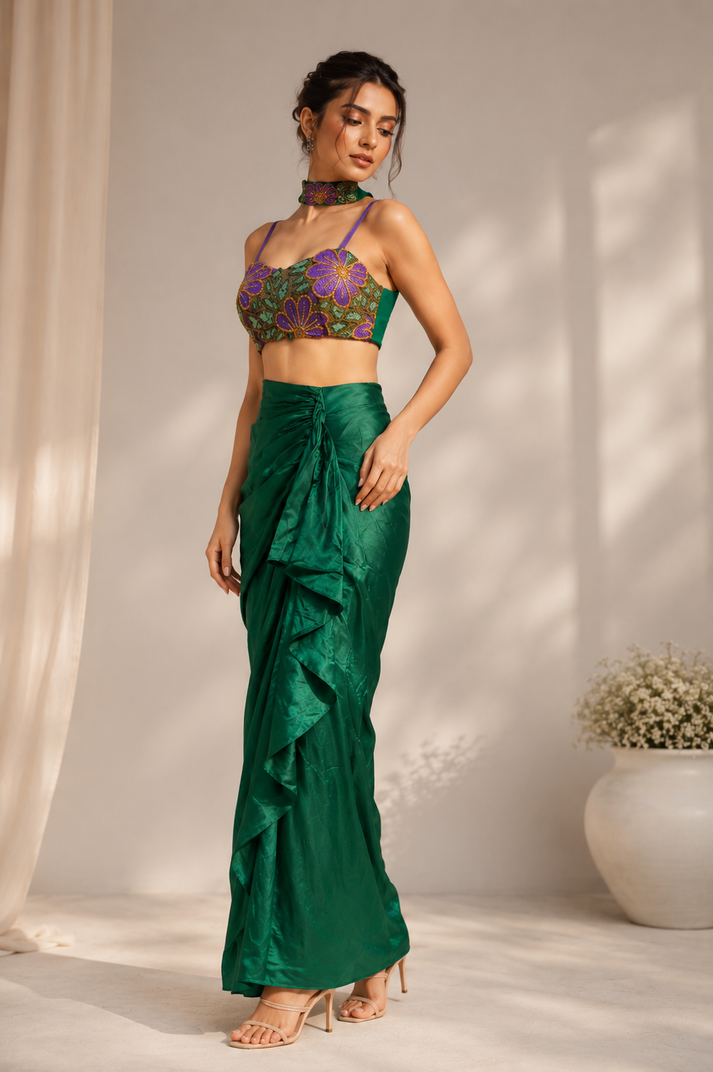 Emerald Bloom Embellished Drape Co-Ord Set — Fusion wear — view 2 | Lehar Clothing UAE